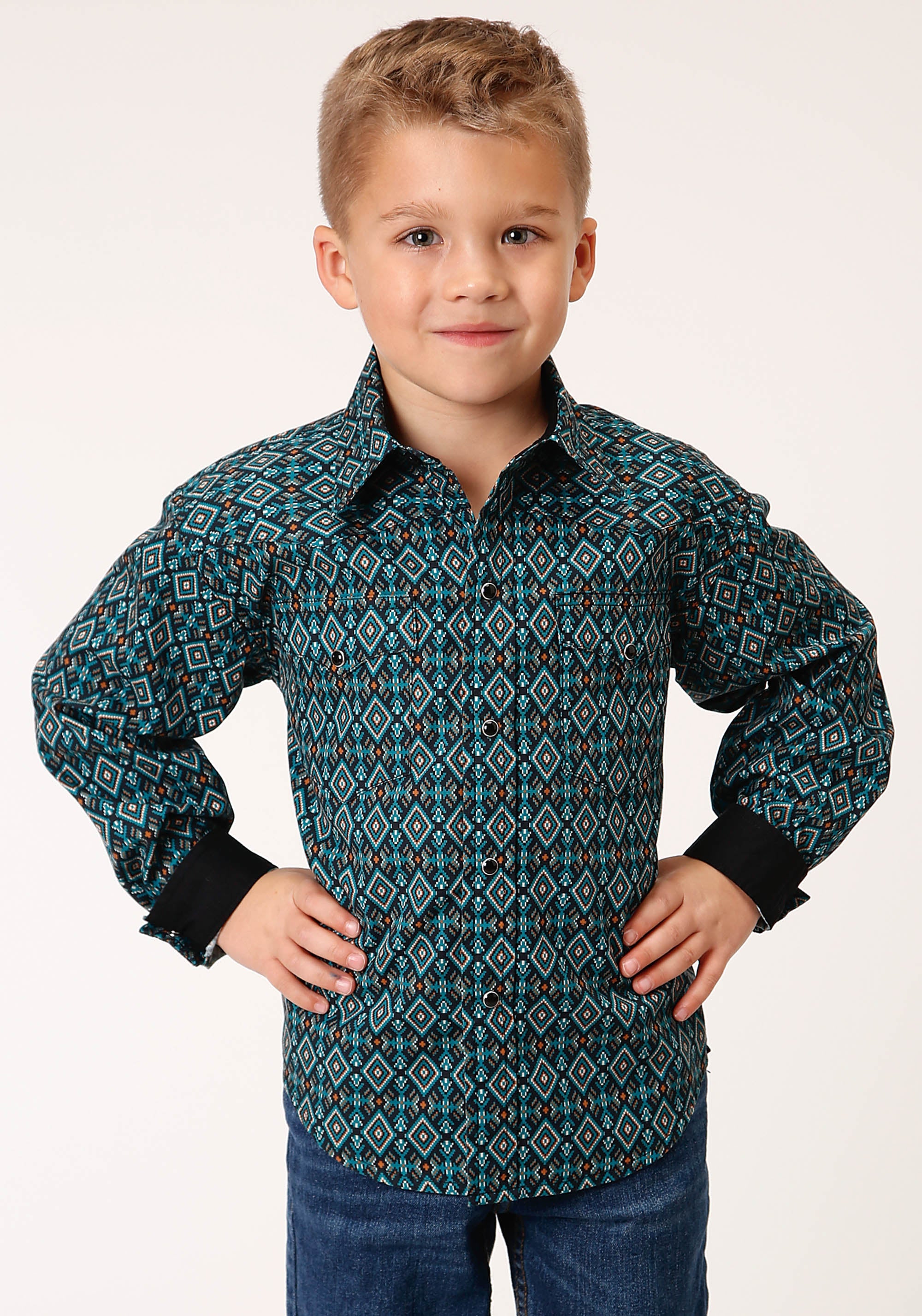 Roper Boys Long Sleeve Snap Diamond Aztec Print Western Shirt