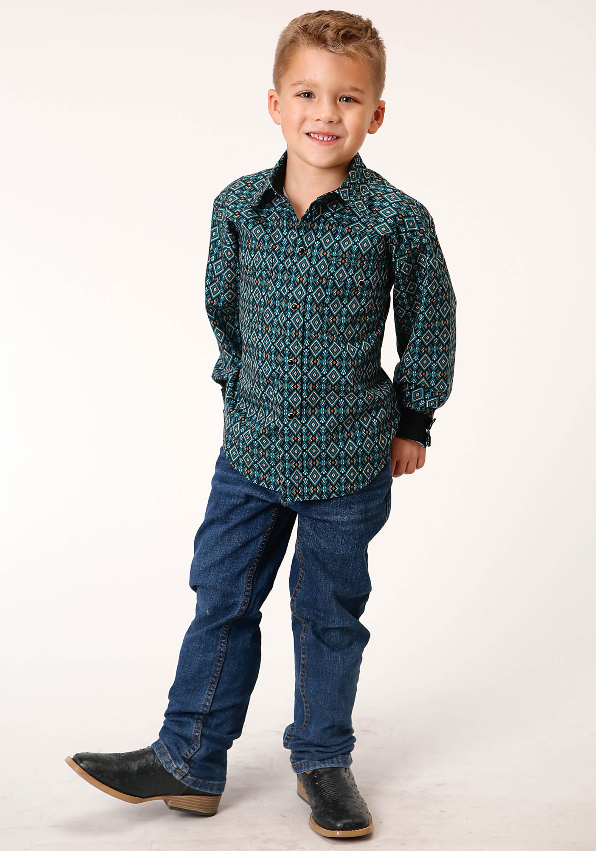 Roper Boys Long Sleeve Snap Diamond Aztec Print Western Shirt - Flyclothing LLC