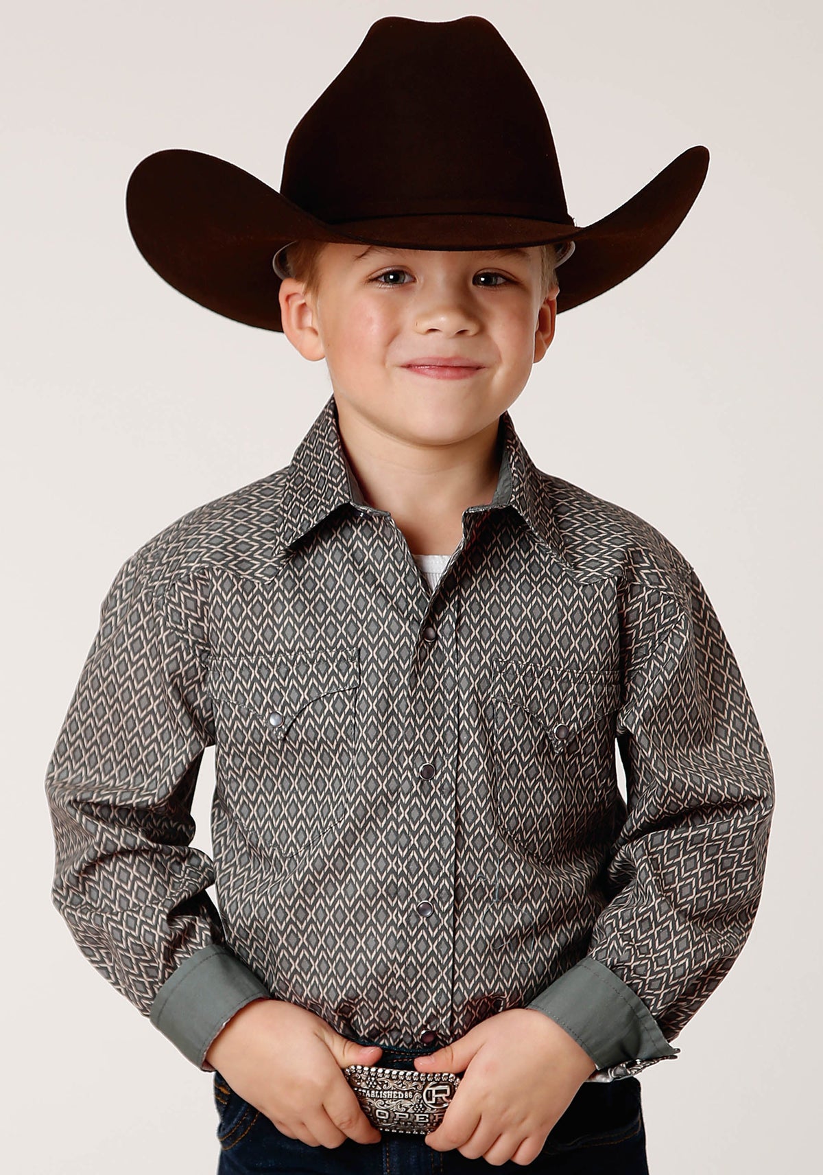 Roper Boys Long Sleeve Snap Broken Diamond Print Western Shirt