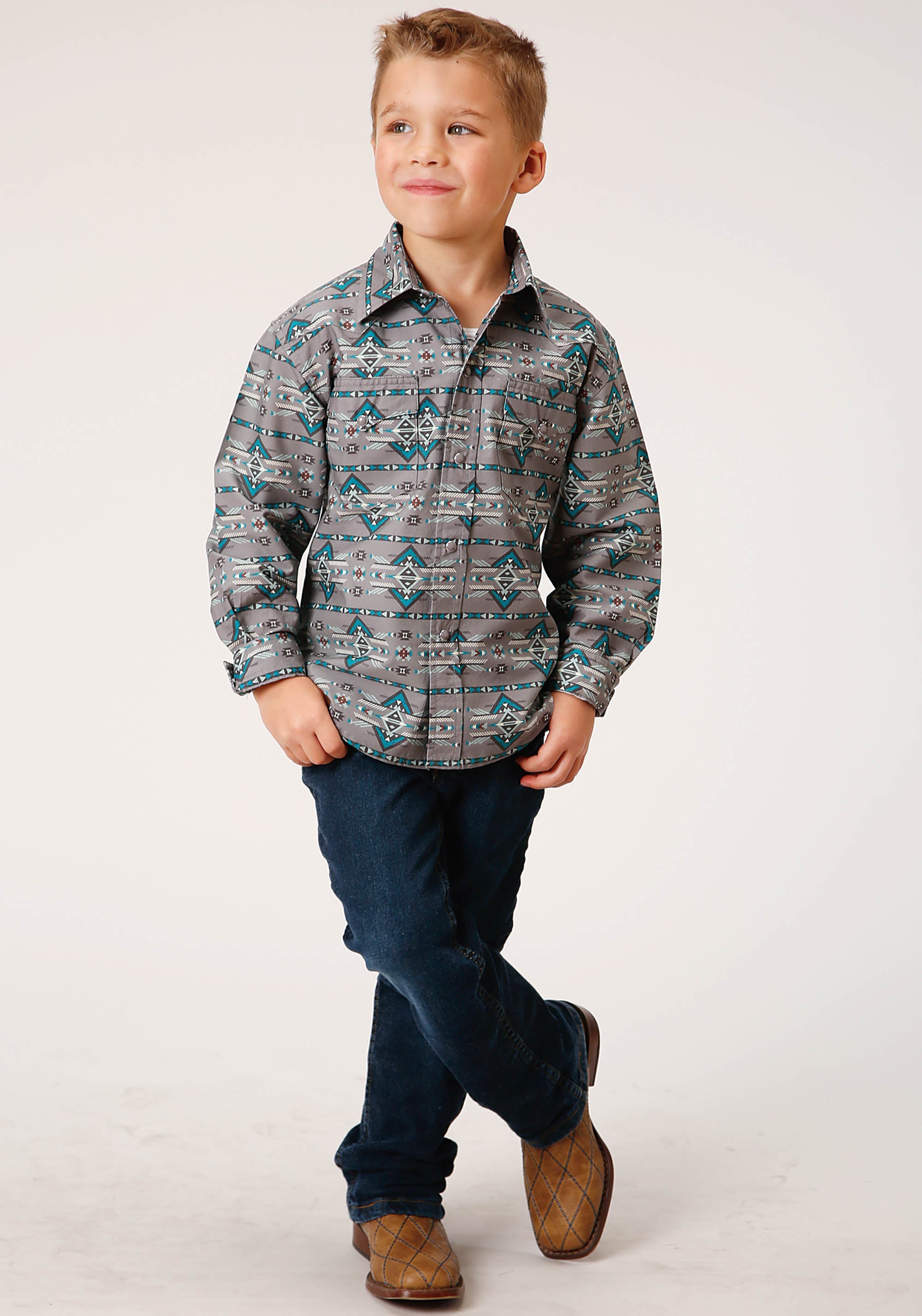 Roper Boys Long Sleeve Snap Geometric Aztec Western Shirt - Flyclothing LLC