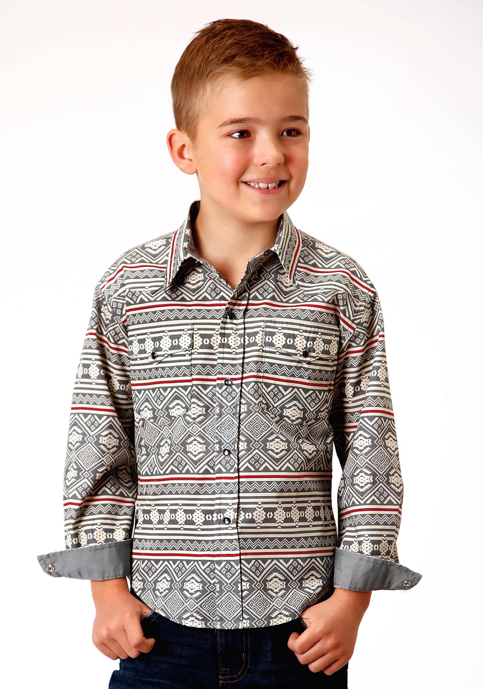 Roper Boys Long Sleeve Snap Tribal Texture Print Western Shirt