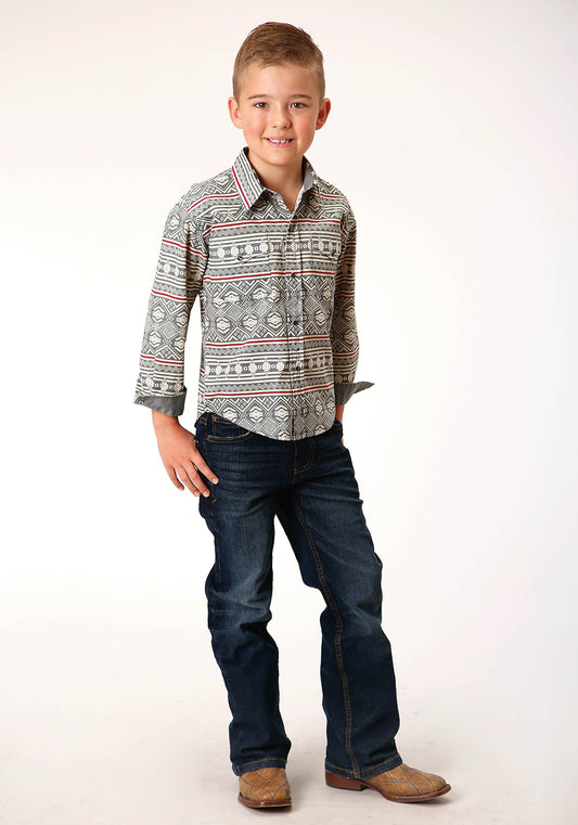 Roper Boys Long Sleeve Snap Tribal Texture Print Western Shirt - Flyclothing LLC