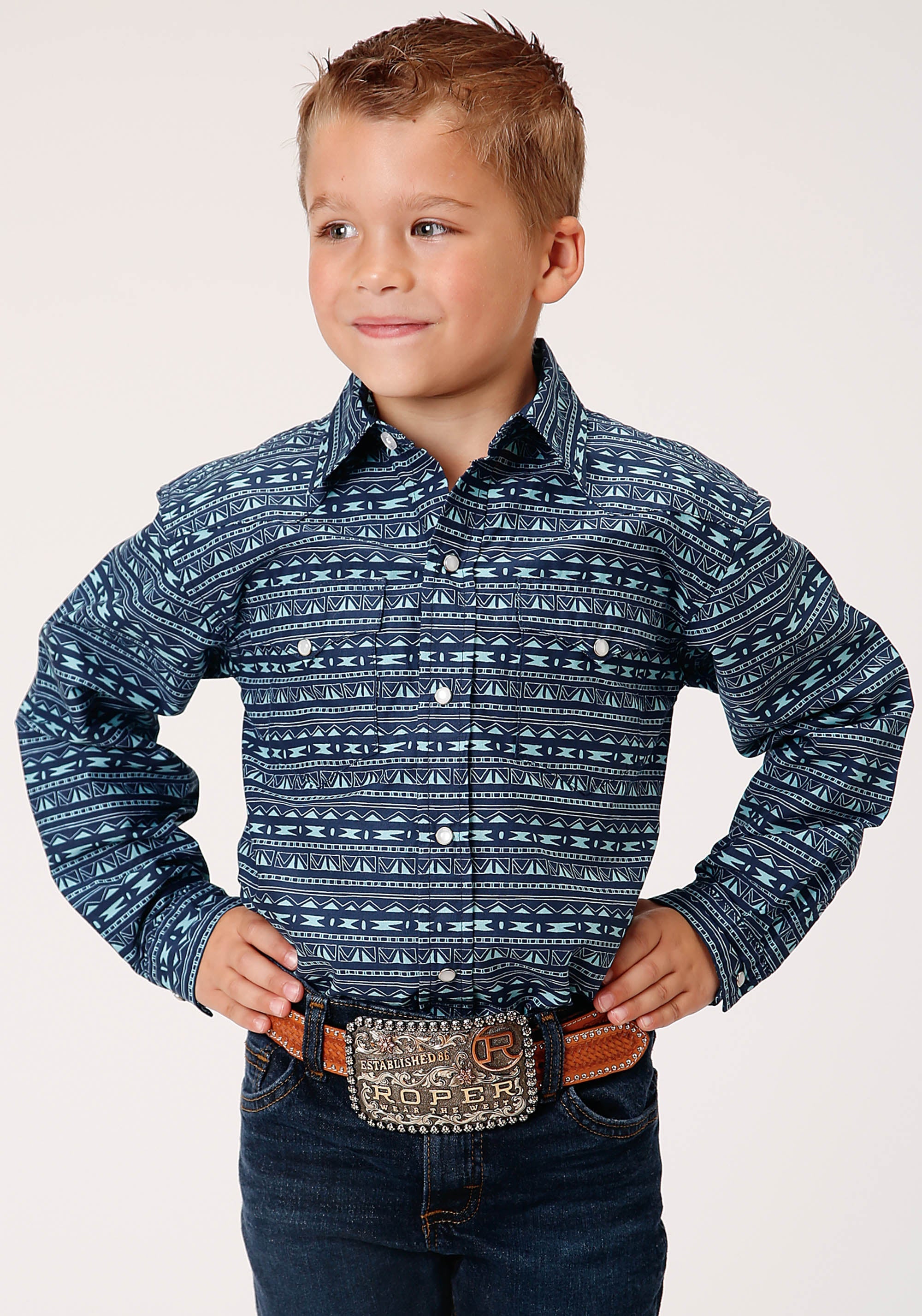 Roper Boys Long Sleeve Snap Zig Zag Tribal Print Western Shirt