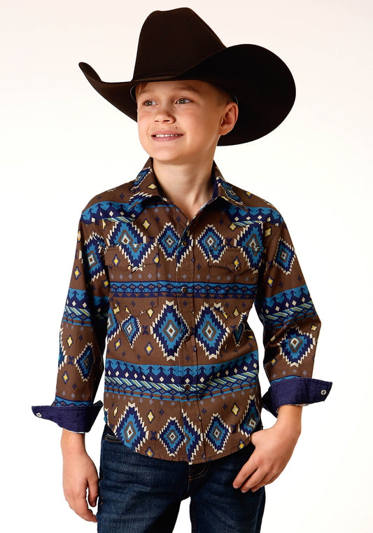 Roper Boys Long Sleeve Snap Chocolate Aztec Print Western Shirt