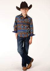 Roper Boys Long Sleeve Snap Chocolate Aztec Print Western Shirt - Flyclothing LLC