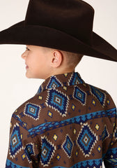 Roper Boys Long Sleeve Snap Chocolate Aztec Print Western Shirt - Flyclothing LLC