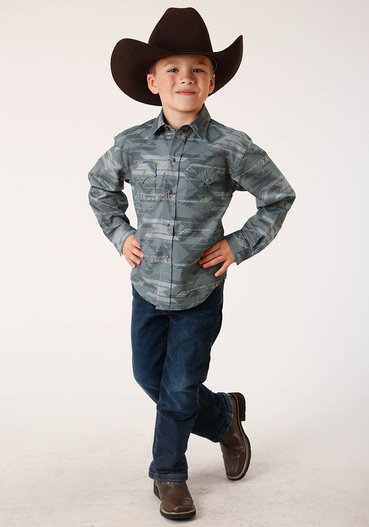 Roper Boys Long Sleeve Snap Gray Fog Aztec Print Western Shirt - Flyclothing LLC