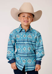 Roper Boys Long Sleeve Snap Blue Horizon Aztec Print Western Shirt