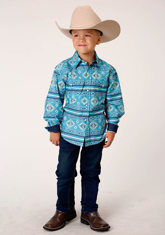 Roper Boys Long Sleeve Snap Blue Horizon Aztec Print Western Shirt - Flyclothing LLC