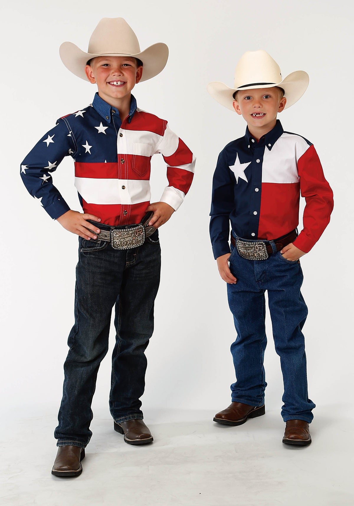 Roper Boys Red White And Blue Pieced Texas Flag Long Sleeve Western Snap Shirt - Flyclothing LLC