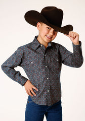 Roper Boys Long Sleeve Snap Redwood Medallion Western Shirt