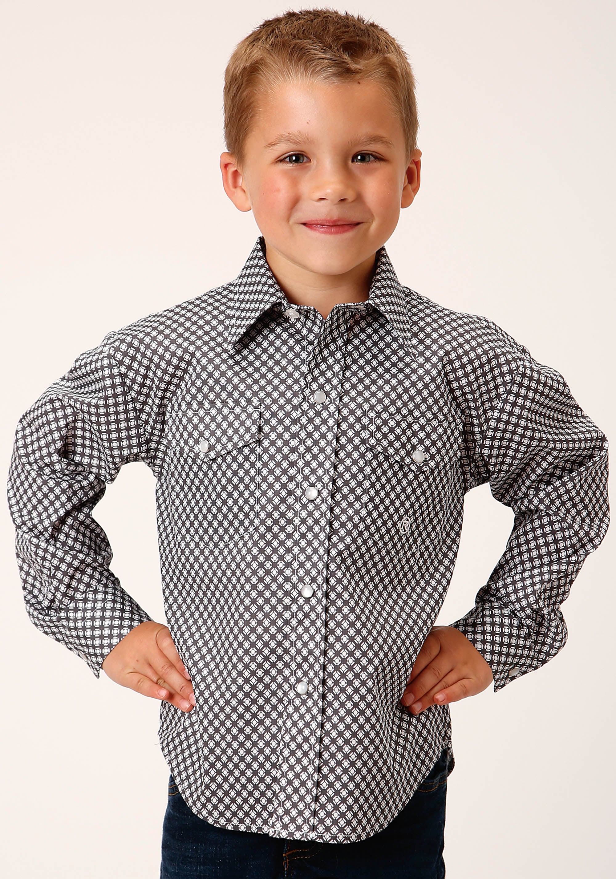 Roper Boys Long Sleeve Snap Diamond Star Geo Grey Western Shirt