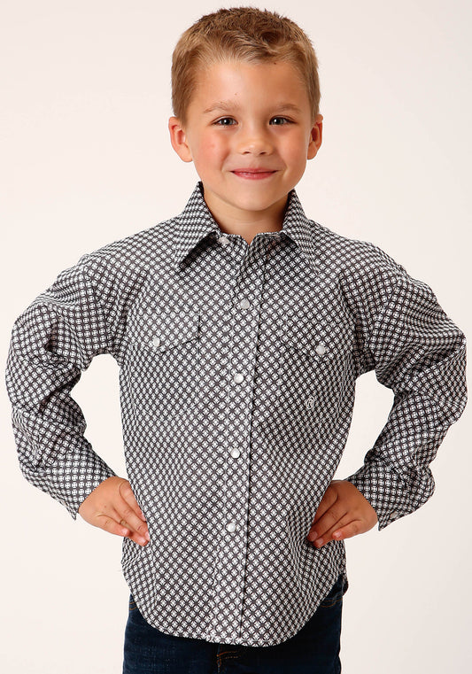 Roper Boys Long Sleeve Snap Diamond Star Geo Grey Western Shirt