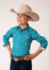 Roper Boys Long Sleeve Snap Turquoise Foulard Western Shirt