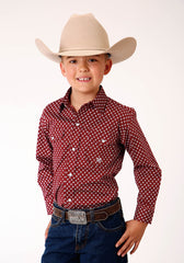 Roper Boys Long Sleeve Snap Stretch Poplin Diamond Wine Western Shirt