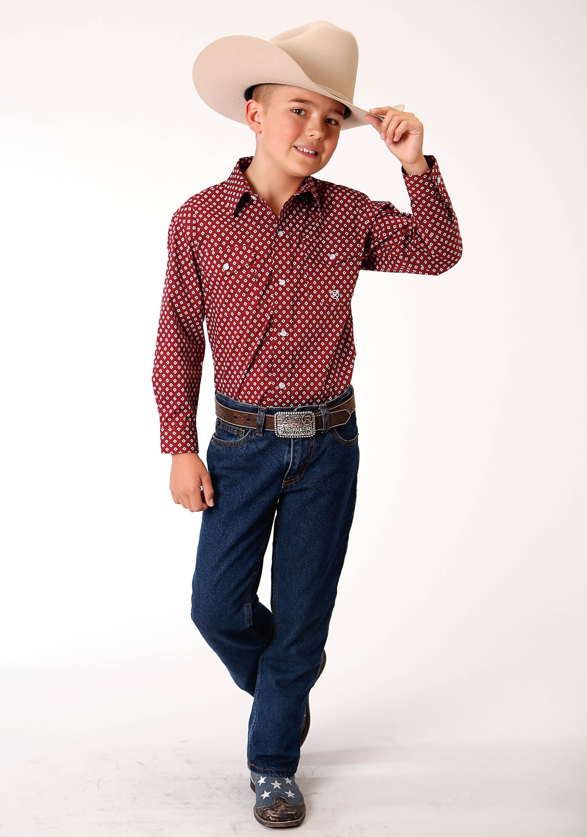 Roper Boys Long Sleeve Snap Stretch Poplin Diamond Wine Western Shirt - Flyclothing LLC