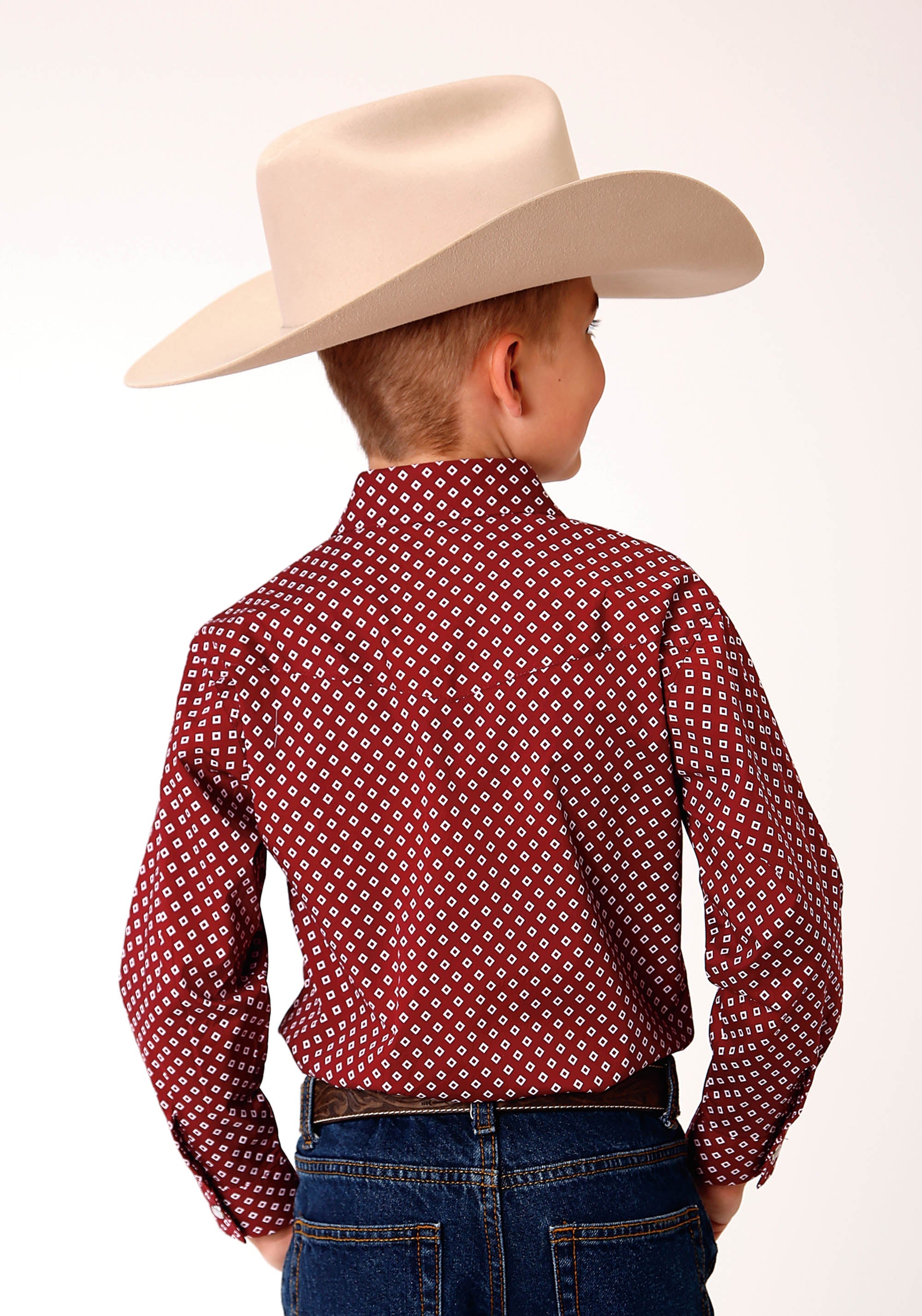 Roper Boys Long Sleeve Snap Stretch Poplin Diamond Wine Western Shirt - Flyclothing LLC