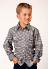 Roper Boys Long Sleeve Snap Stretch Poplin Diamond Grey Western Shirt