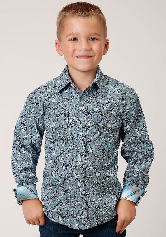 Roper Boys Long Sleeve Snap Peacock Paisley Western Shirt