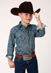 Roper Boys Long Sleeve Snap Blue Canyon Paisley Western Shirt