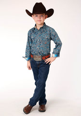 Roper Boys Long Sleeve Snap Blue Canyon Paisley Western Shirt - Flyclothing LLC