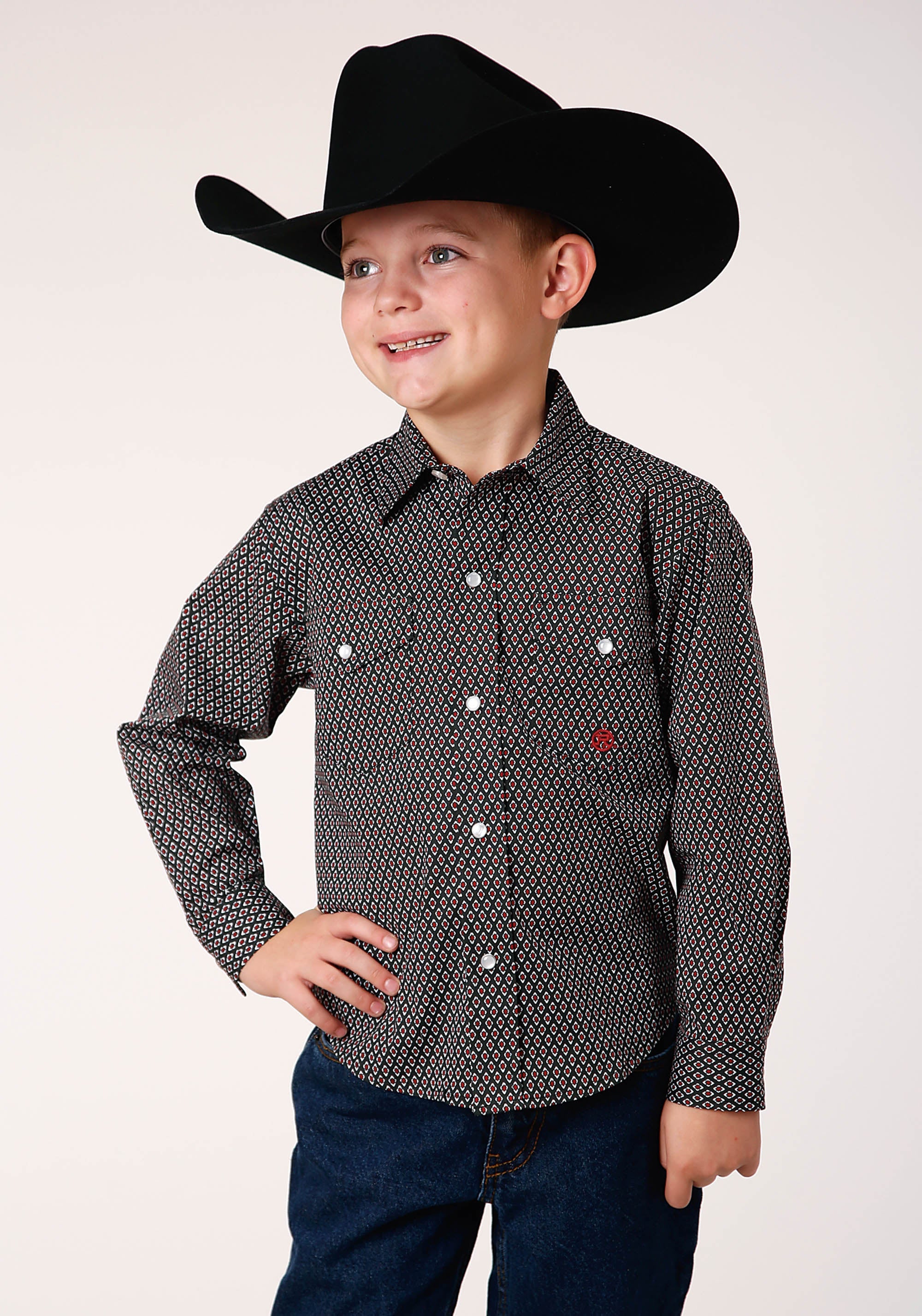 Roper Boys Long Sleeve Snap Diamond Neat Olive Western Shirt