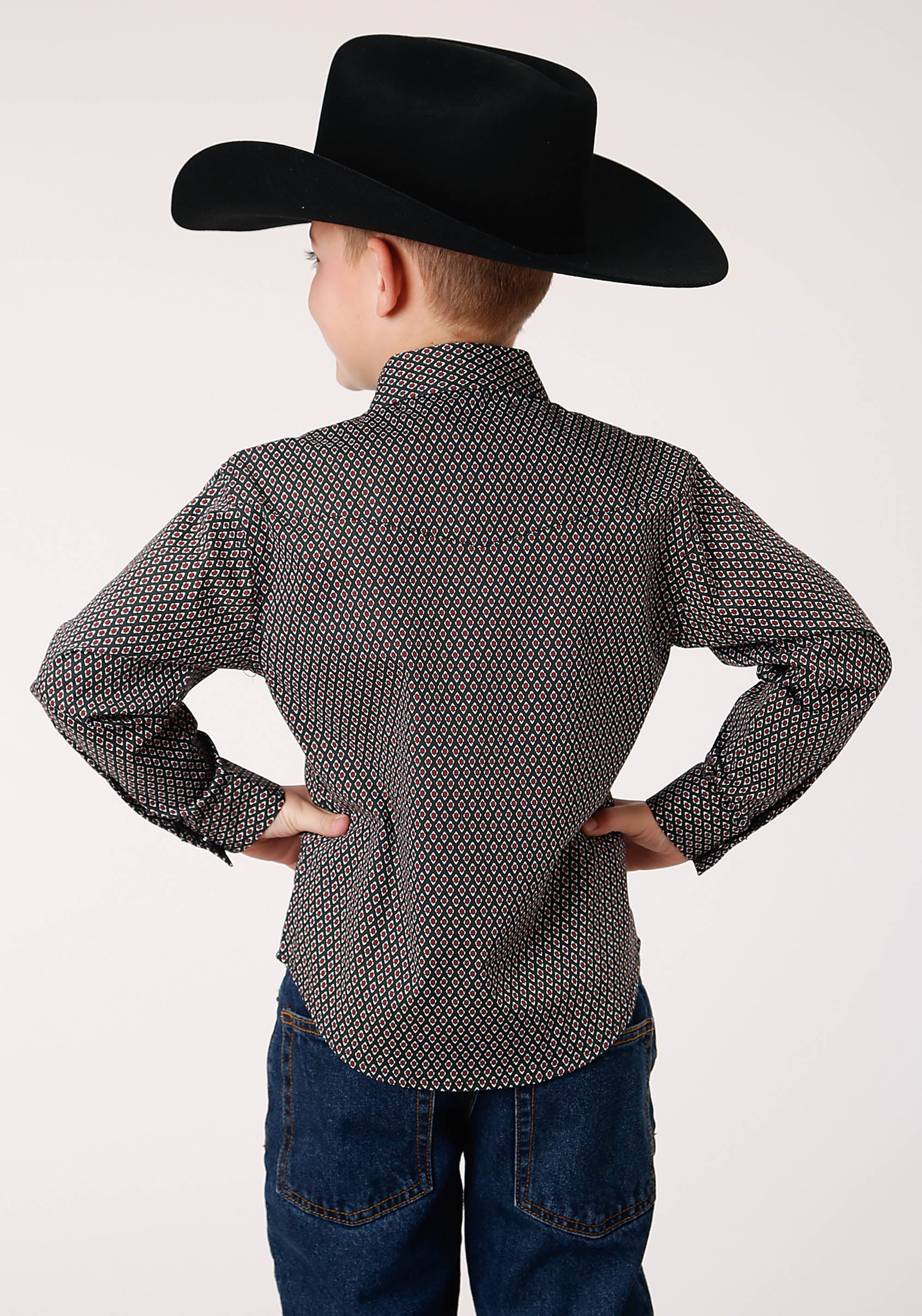 Roper Boys Long Sleeve Snap Diamond Neat Olive Western Shirt - Flyclothing LLC