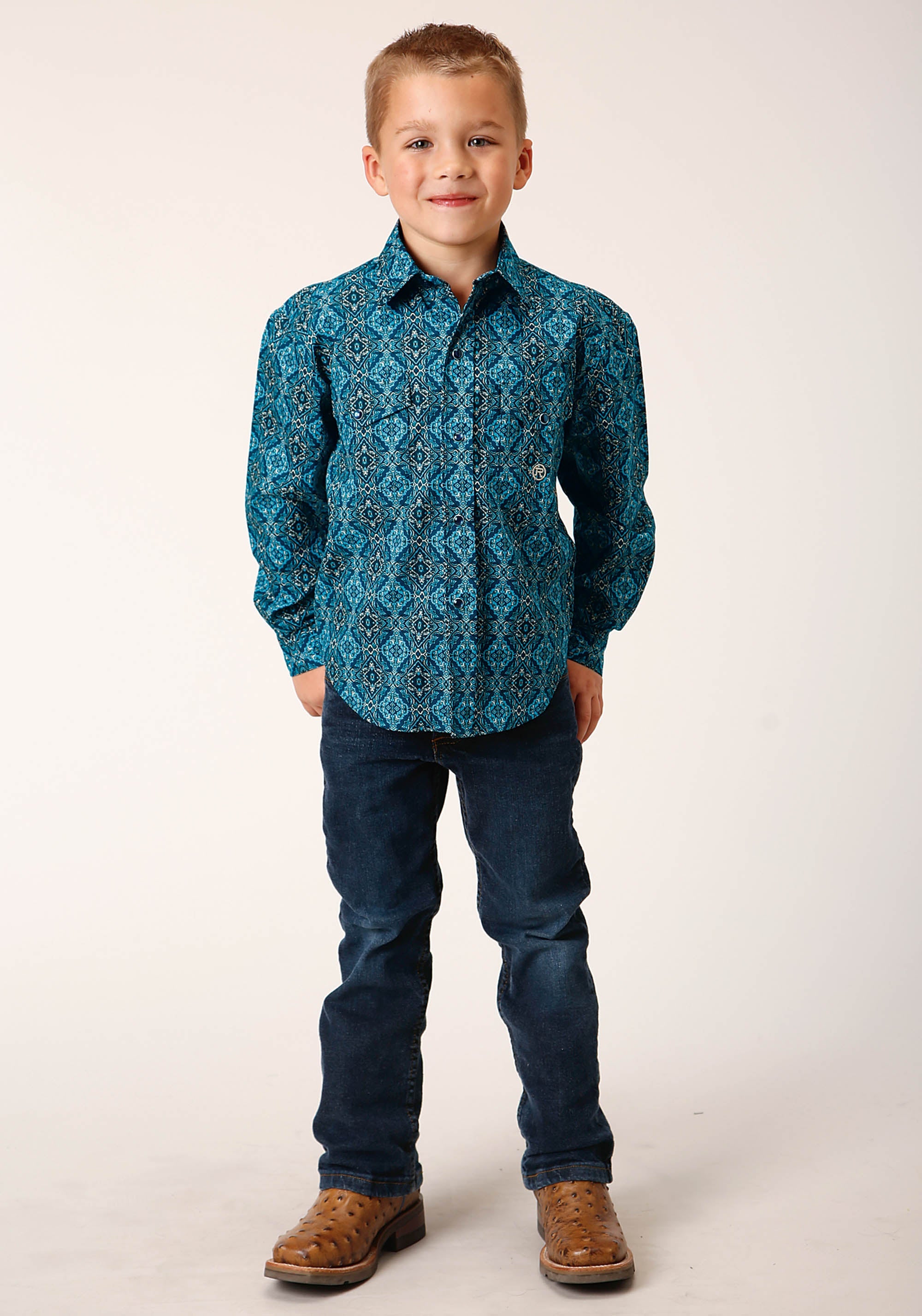 Roper Boys Long Sleeve Snap Gothic Medallion Western Shirt