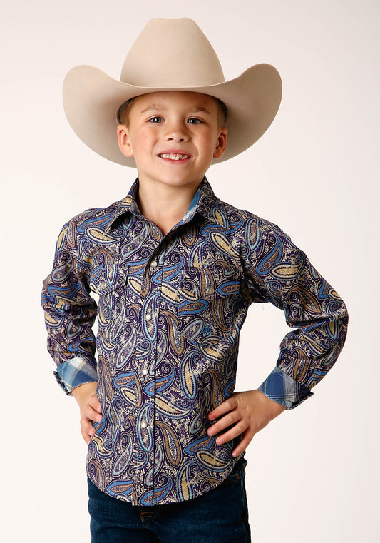 Roper Boys Long Sleeve Snap Royal Paisley Western Shirt