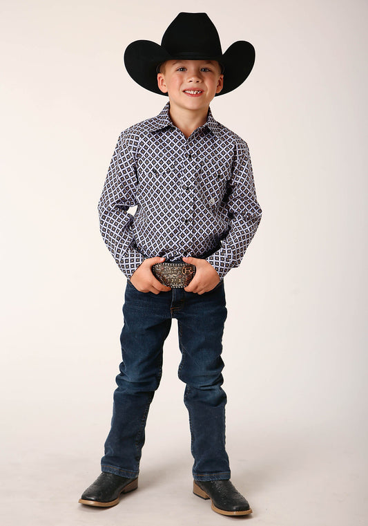 Roper Boys Long Sleeve Snap Tile Pattern Foulard Western Shirt - Flyclothing LLC