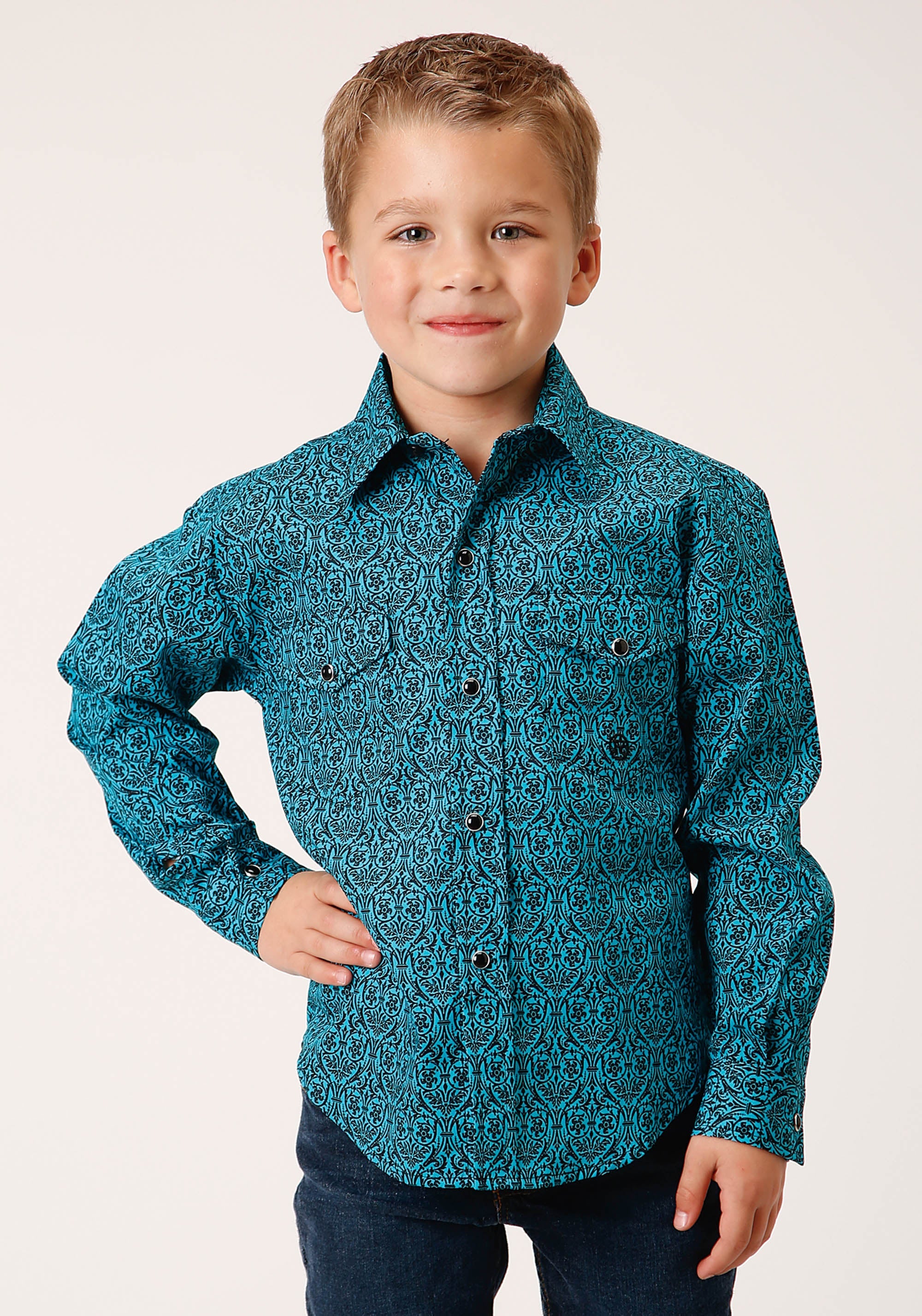 Roper Boys Long Sleeve Snap Vintage Teal Print Western Shirt