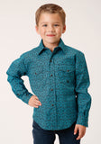 Roper Boys Long Sleeve Snap Vintage Teal Print Western Shirt