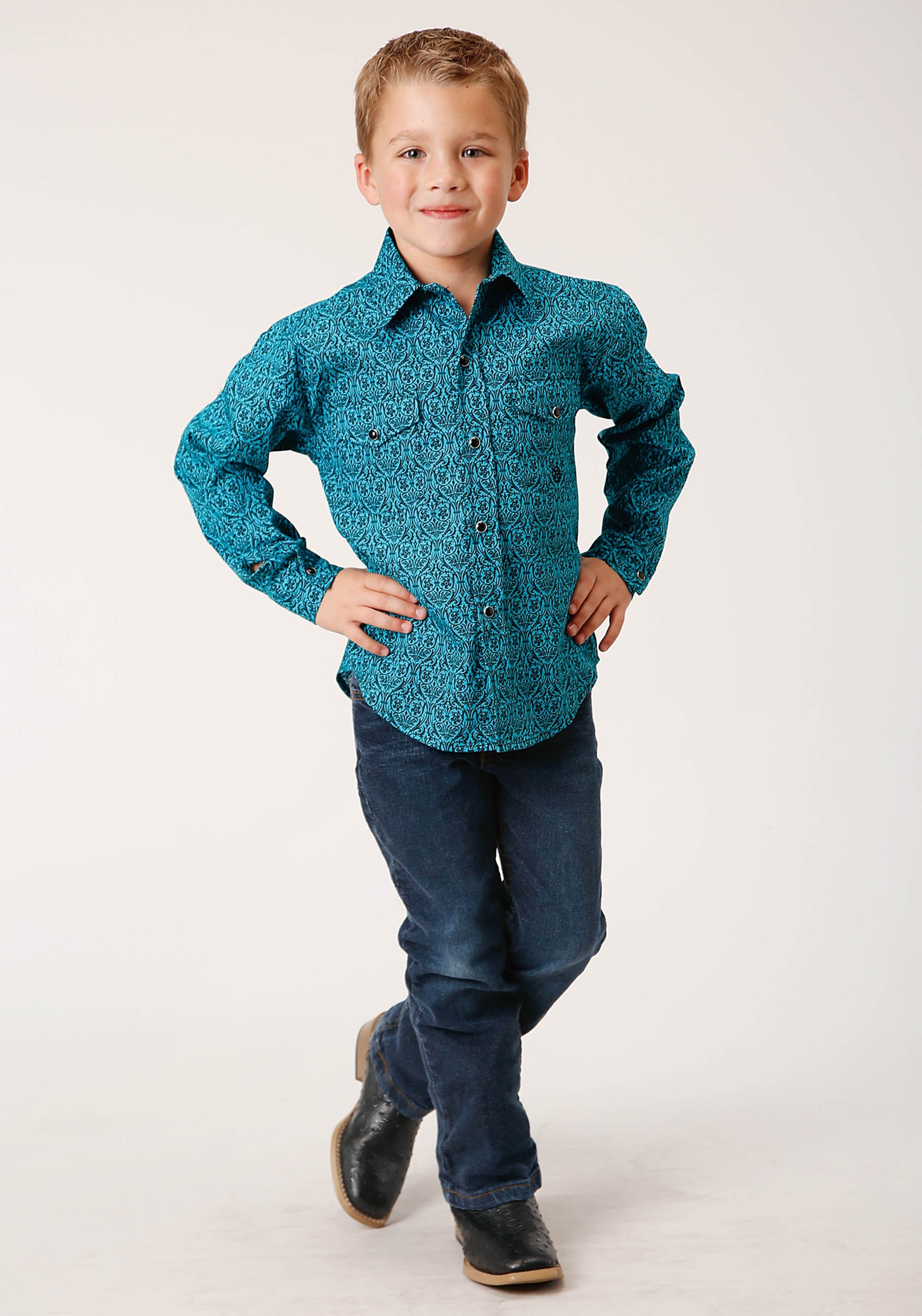 Roper Boys Long Sleeve Snap Vintage Teal Print Western Shirt - Flyclothing LLC