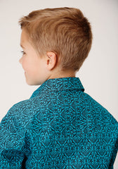 Roper Boys Long Sleeve Snap Vintage Teal Print Western Shirt - Flyclothing LLC