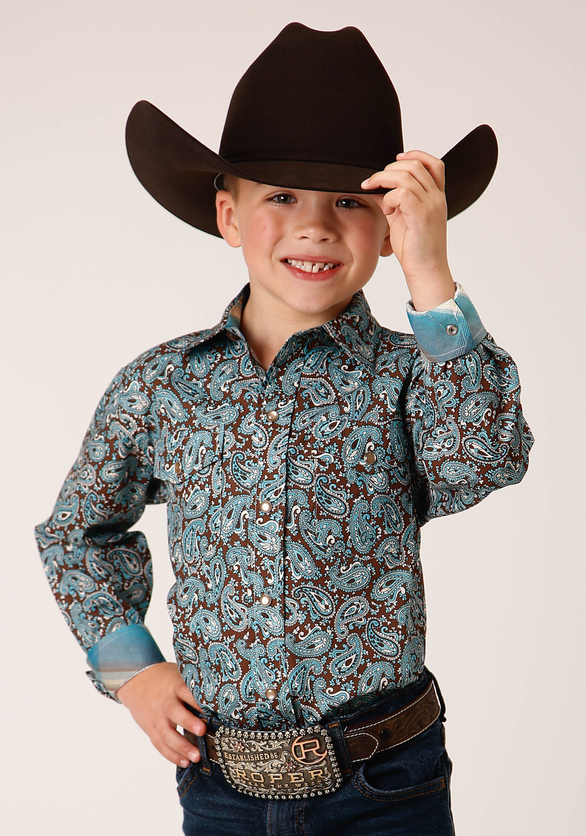 Roper Boys Long Sleeve Snap Turquoise Mine Paisley Western Shirt