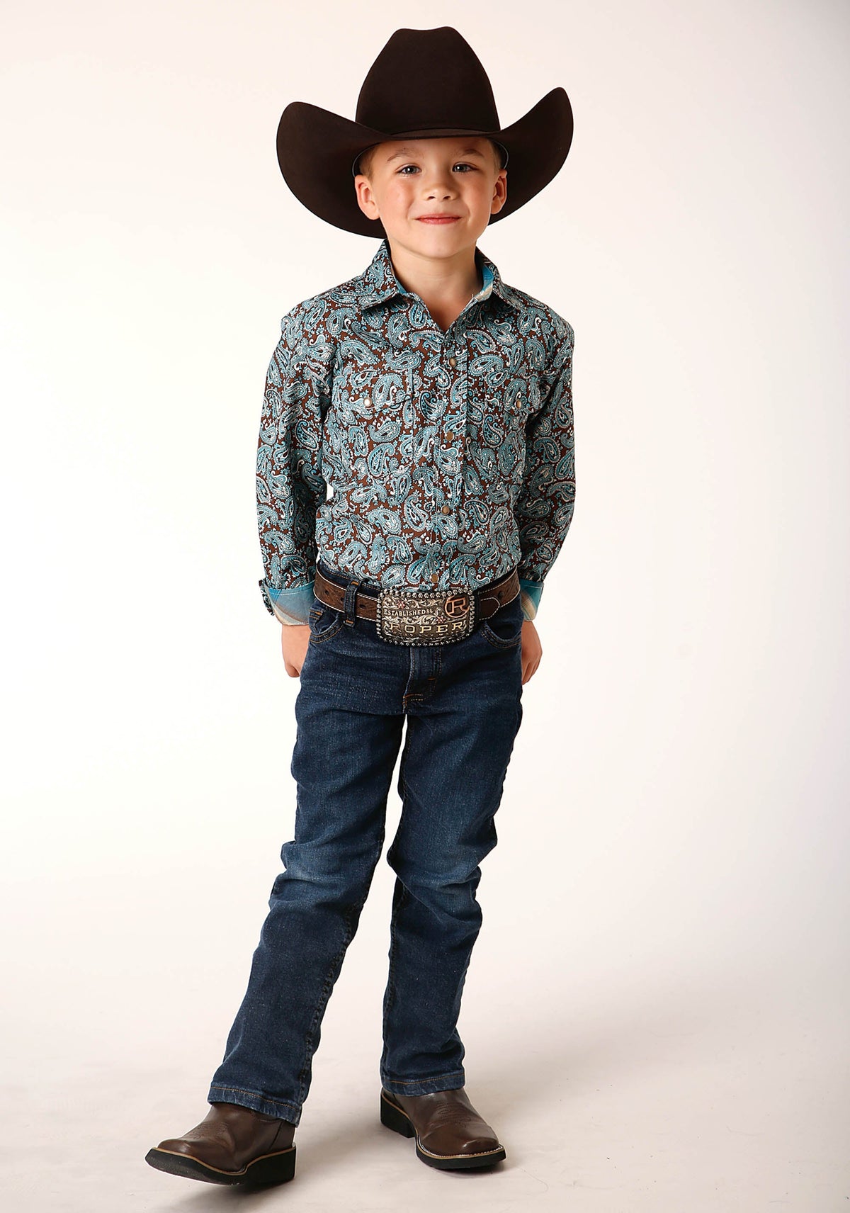 Roper Boys Long Sleeve Snap Turquoise Mine Paisley Western Shirt - Flyclothing LLC