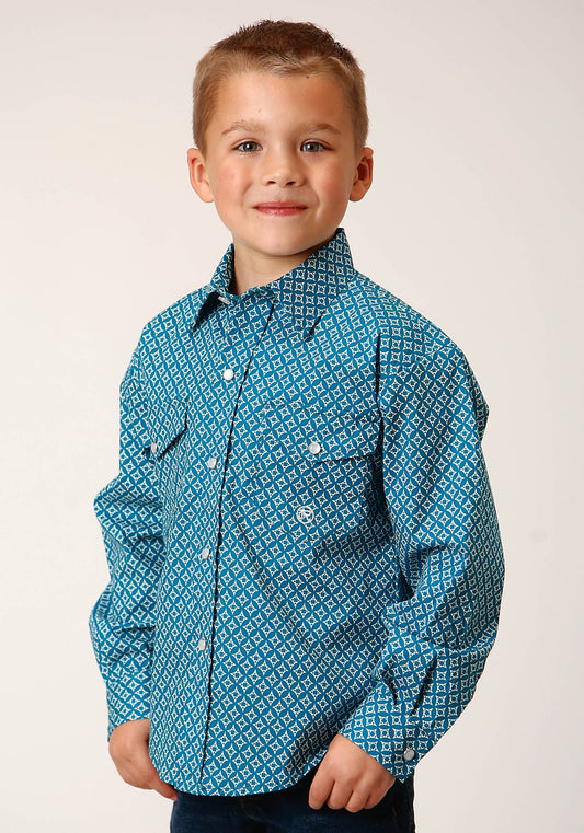 Roper Boys Long Sleeve Snap Diamond Print Turquoise Western Shirt