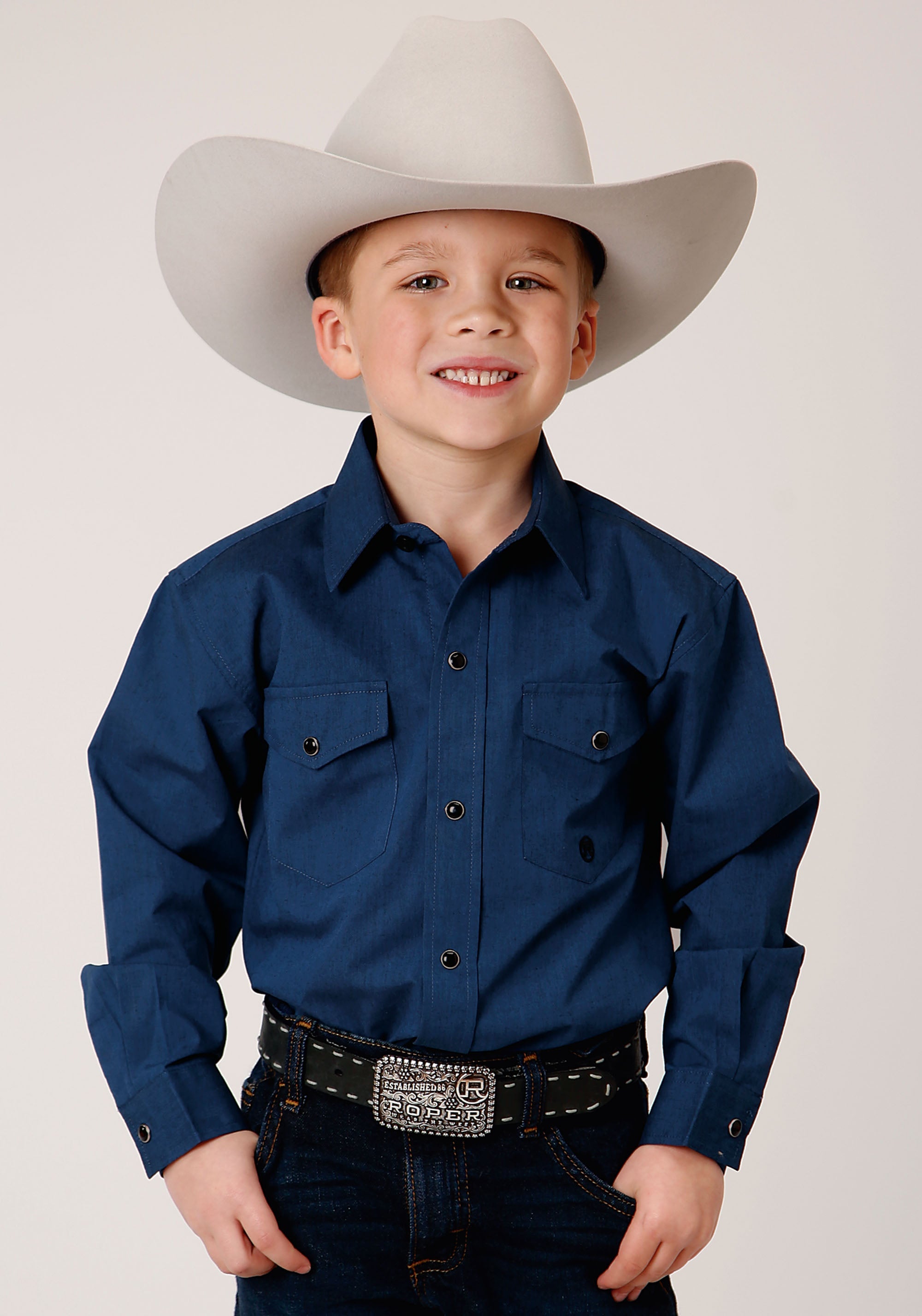 Roper Boys Long Sleeve Snap Black Fill Solid Blue Western Shirt