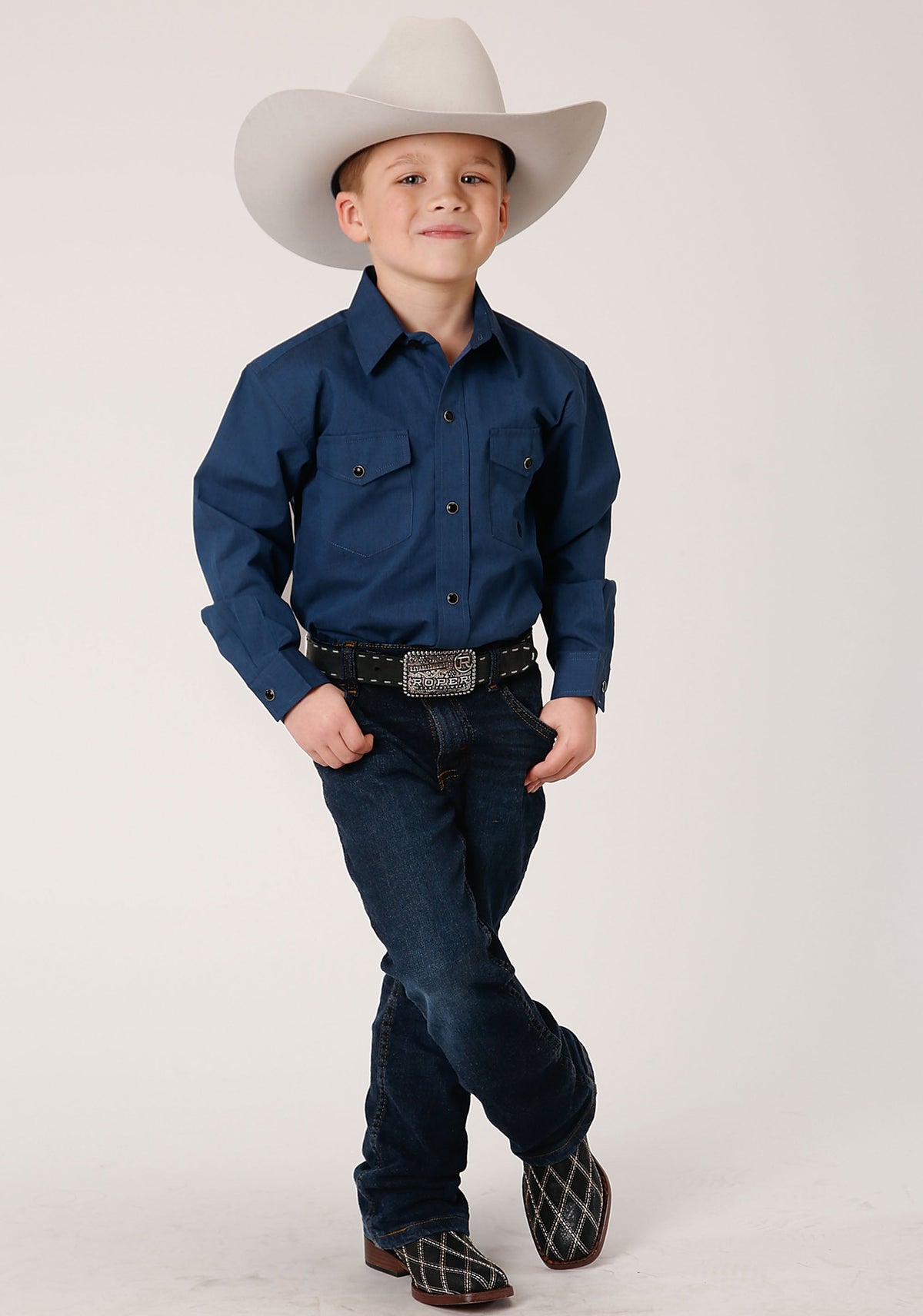 Roper Boys Long Sleeve Snap Black Fill Solid Blue Western Shirt - Flyclothing LLC