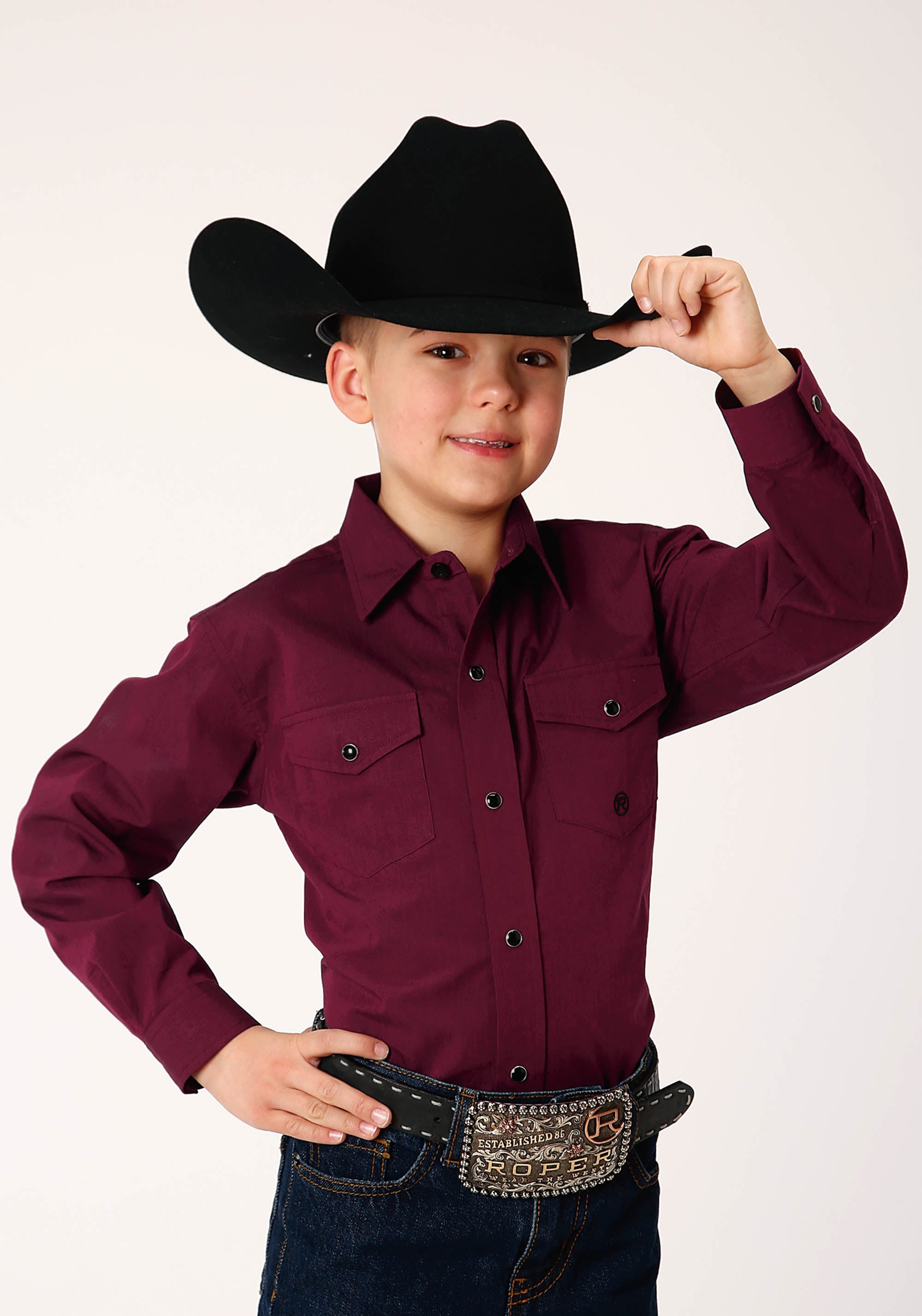 Roper Boys Long Sleeve Snap Black Fill Solid Wine Western Shirt