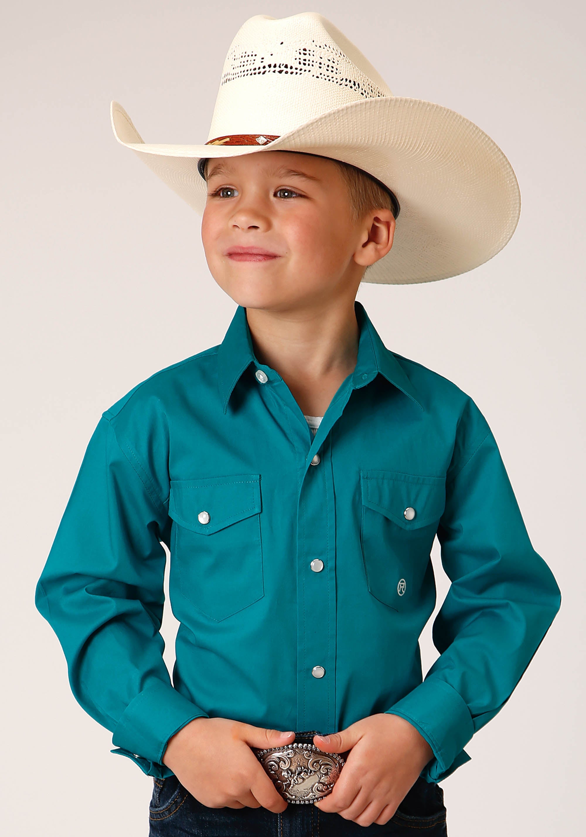 Roper Boys Long Sleeve Snap Solid Poplin Stretch Turquoise Western Shirt