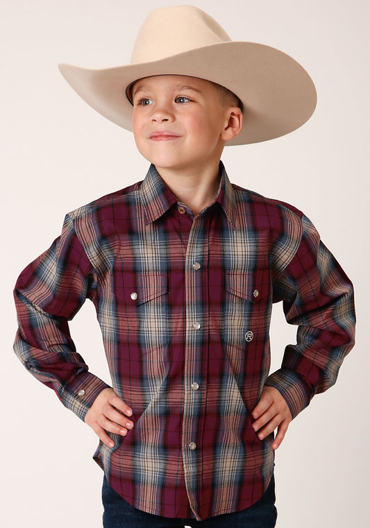 Roper Boys Long Sleeve Snap Wine Plaid Western Shirt