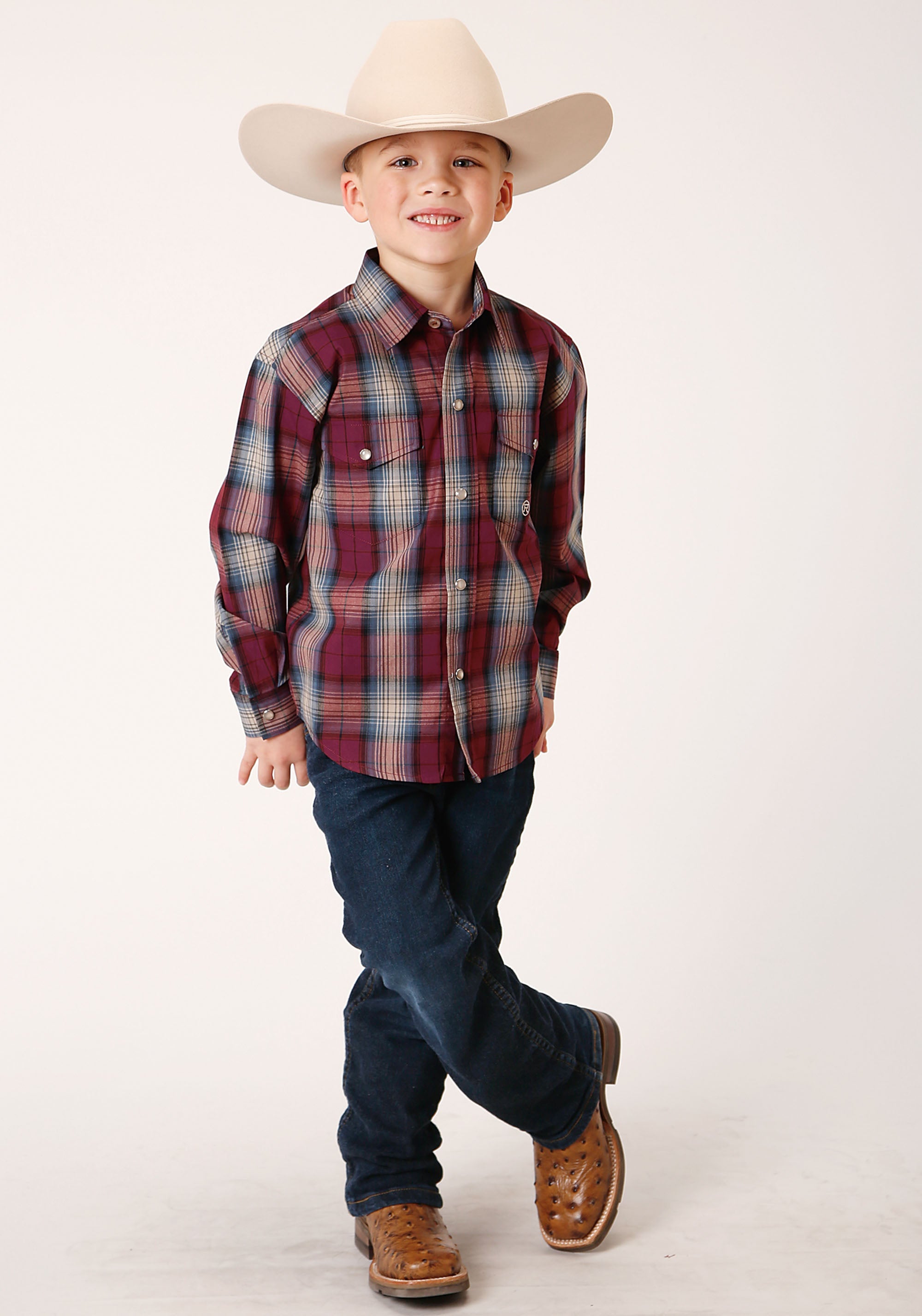 Roper Boys Long Sleeve Snap Wine Plaid Western Shirt - Flyclothing LLC