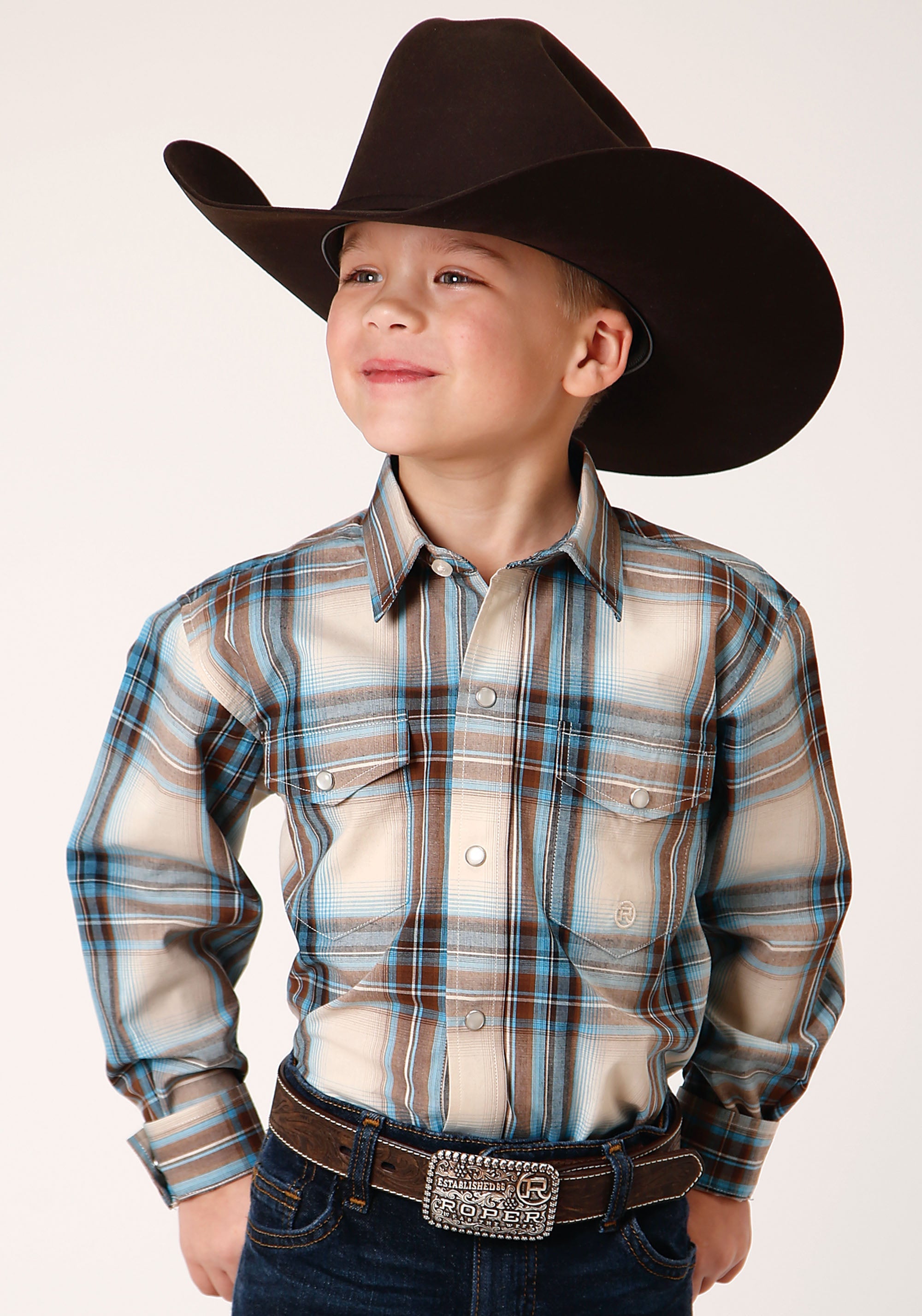 Roper Boys Long Sleeve Snap Cocao Plaid Western Shirt