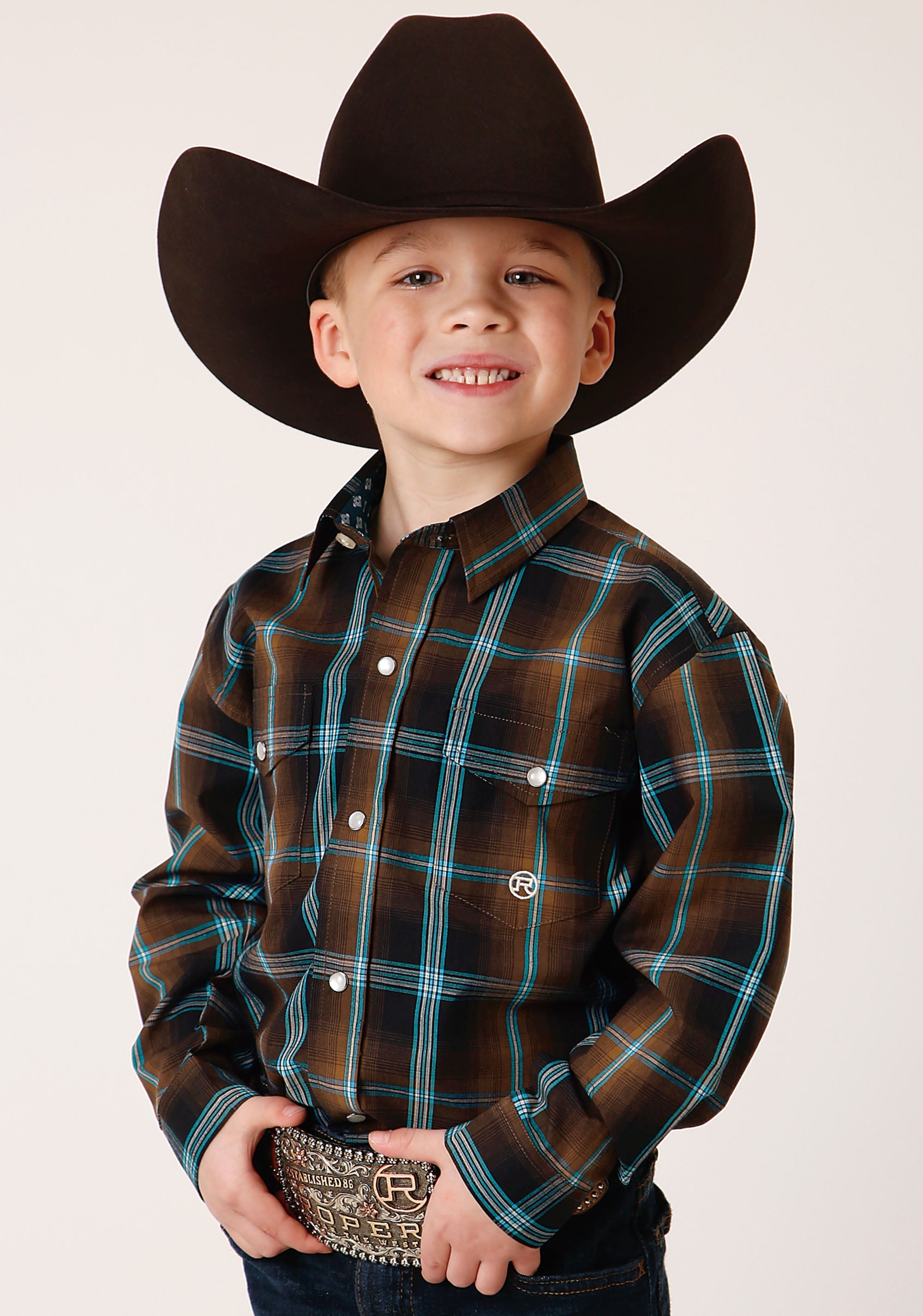 Roper Boys Long Sleeve Snap Dark Chocolate Plaid Western Shirt