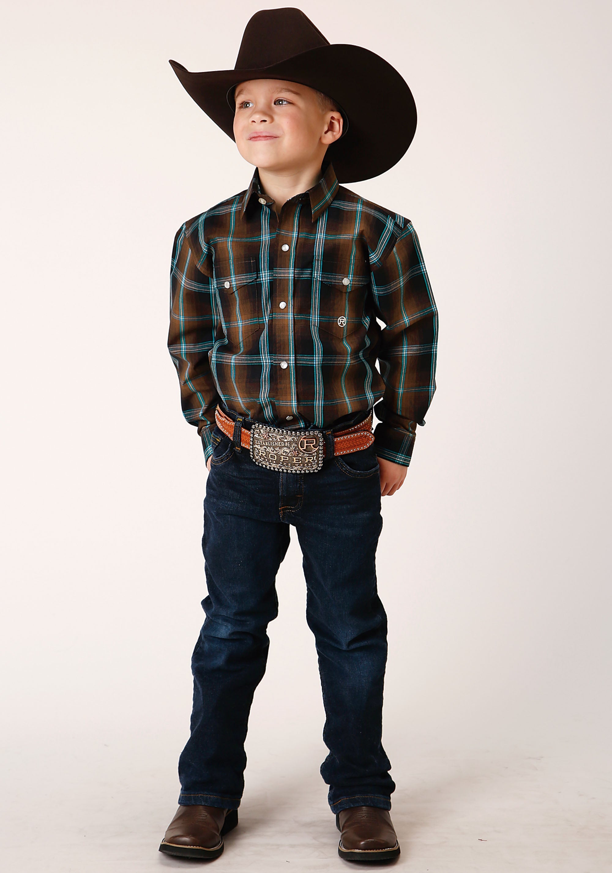 Roper Boys Long Sleeve Snap Dark Chocolate Plaid Western Shirt - Flyclothing LLC