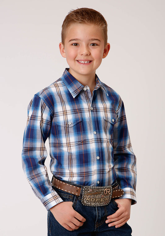 Roper Boys Long Sleeve Snap Royal Plaid Western Shirt