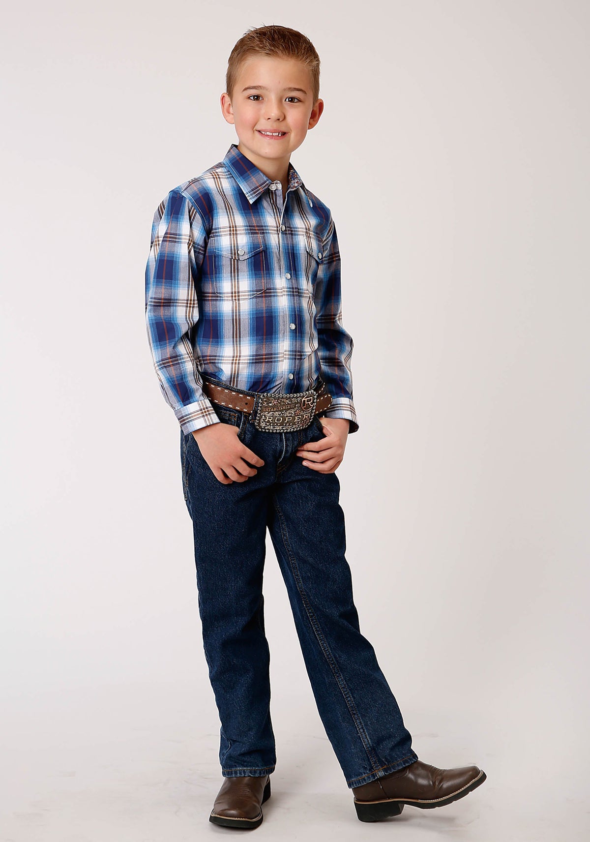 Roper Boys Long Sleeve Snap Royal Plaid Western Shirt - Flyclothing LLC