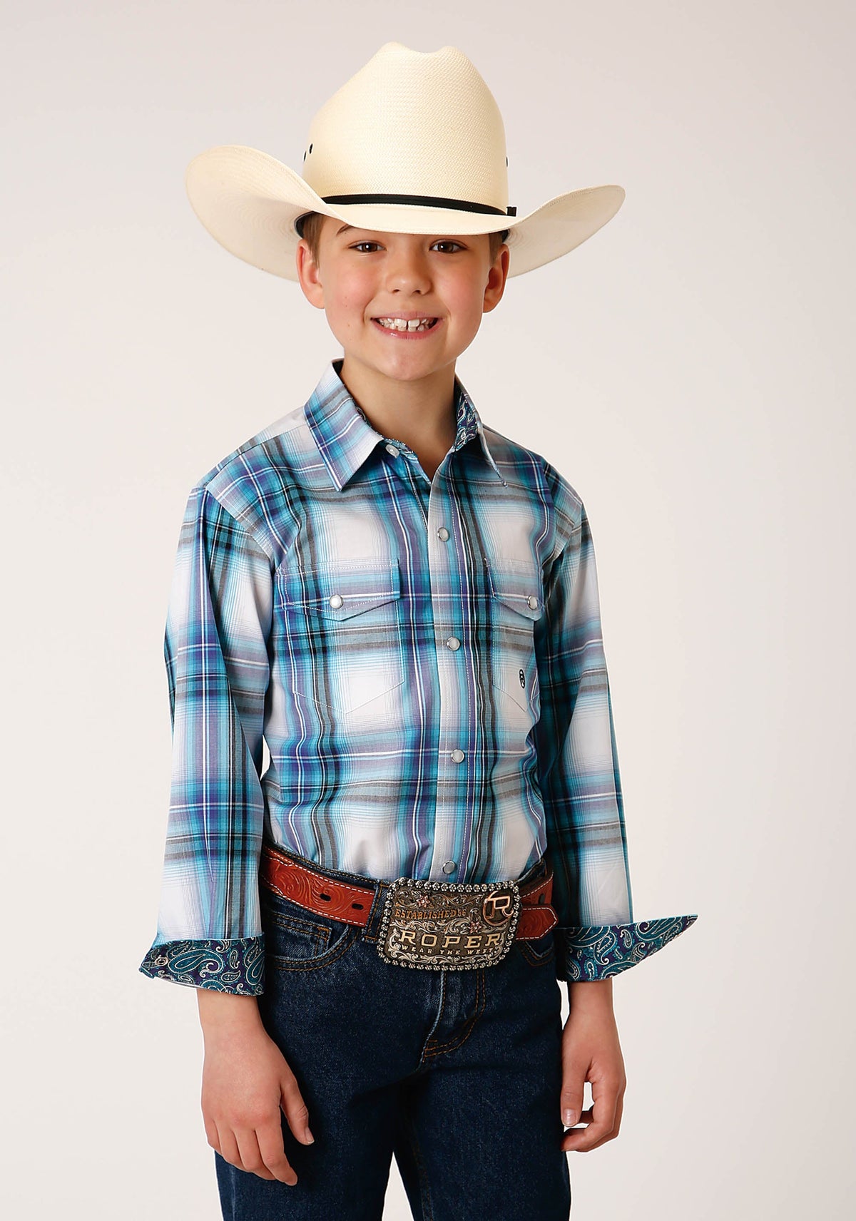 Roper Boys Long Sleeve Snap Clear Sky Plaid Western Shirt