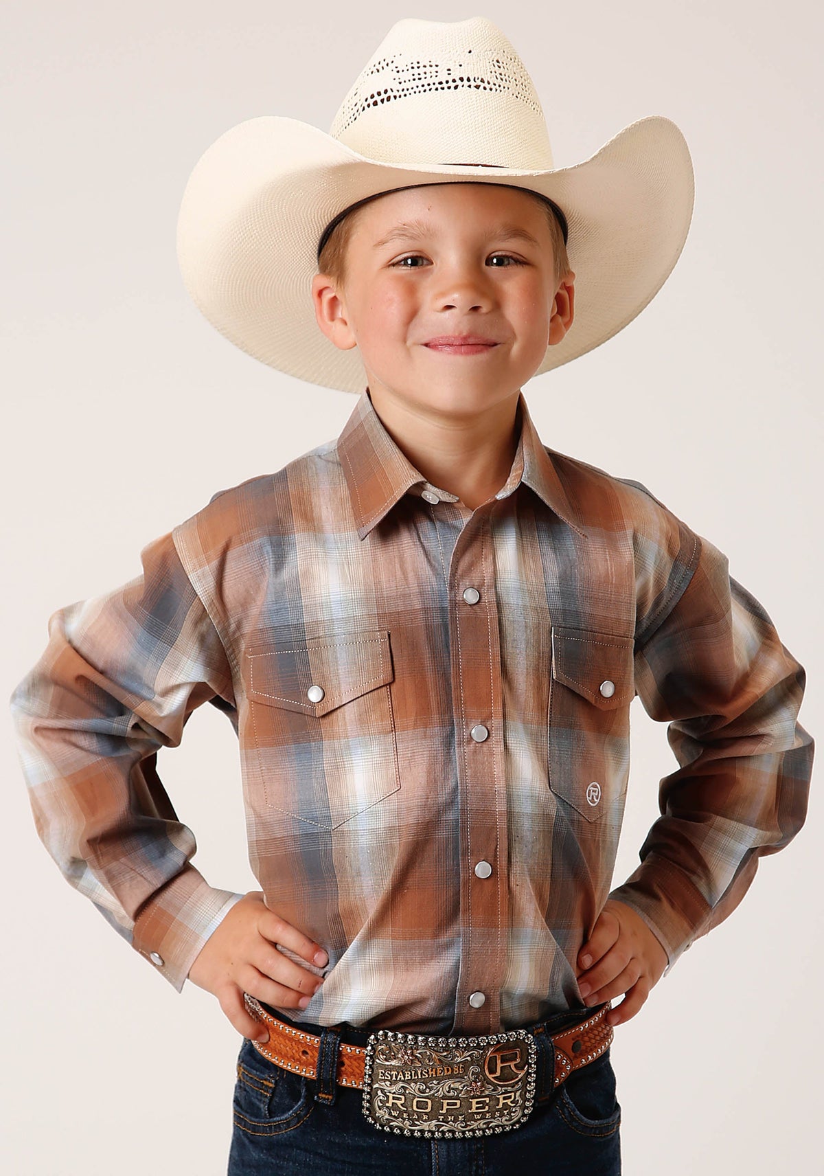 Roper Boys Long Sleeve Snap Copper Ombre Plaid Western Shirt